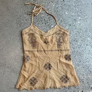 Paris Connection Womens L Top Tan Embroidered Gauze Halter Top Vintage Y2K